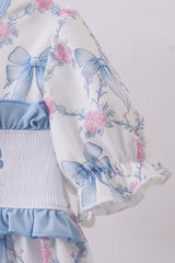 Blue bow floral smocked ruffle dress