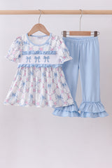 Blue bow floral smocked ruffle pants set