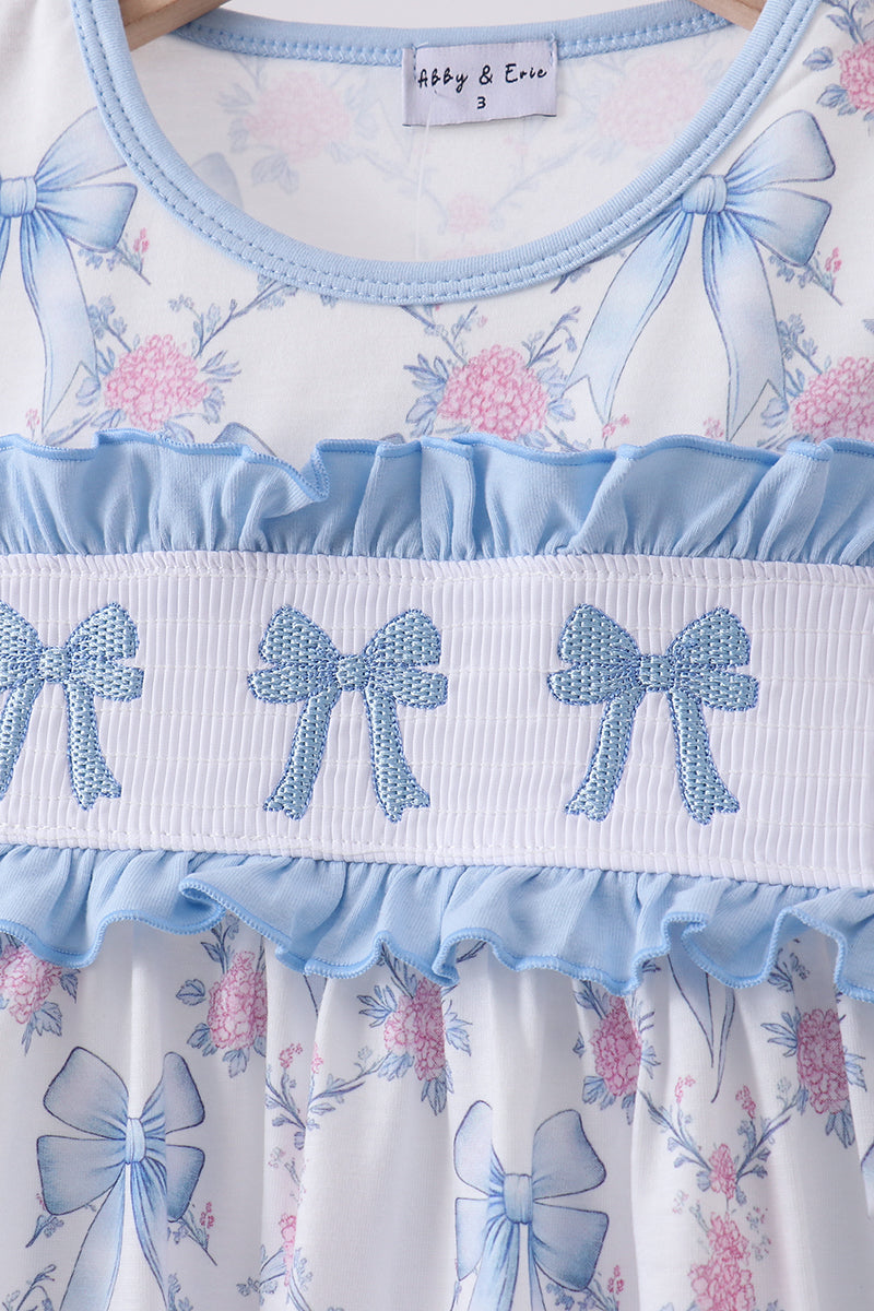 Blue bow floral smocked ruffle pants set