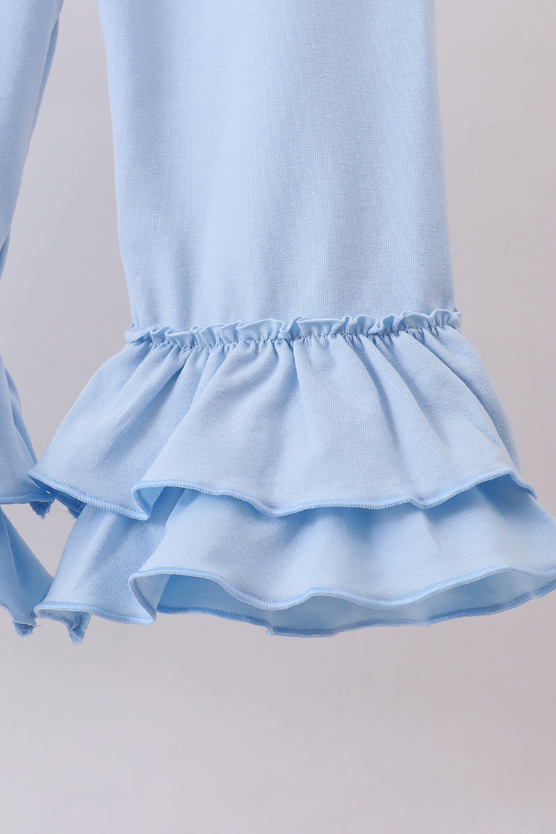 Blue bow floral smocked ruffle pants set