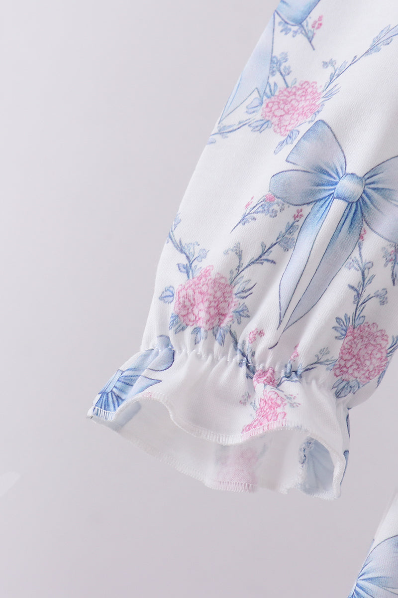 Blue bow floral smocked pants set