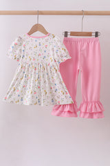 Pink duck embroidery ruffle pants set