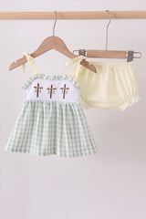 Green cross embroidery gingham bloomer set