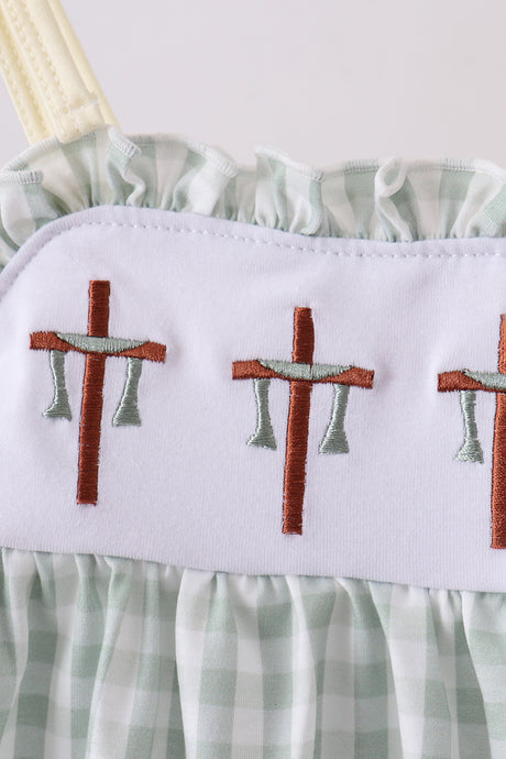 Green cross embroidery gingham bloomer set