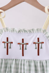 Green cross embroidery gingham dress
