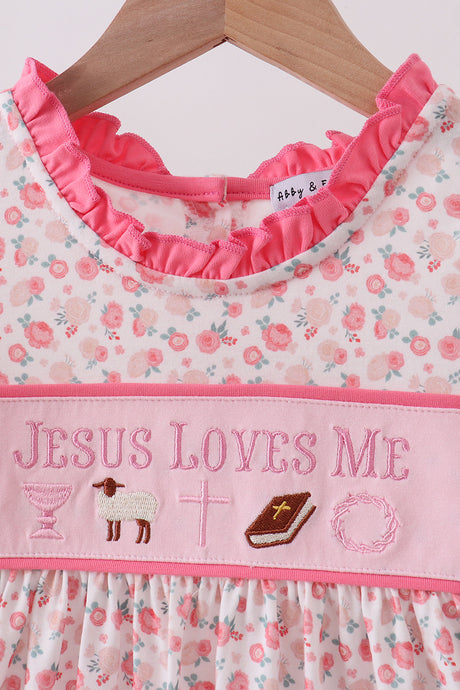 Pink jesus loves me embroidery dress