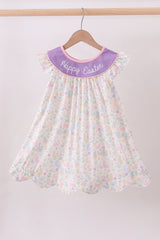 Purple happy easter floral embroidery dress