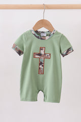 Green camoflage cross applique romper