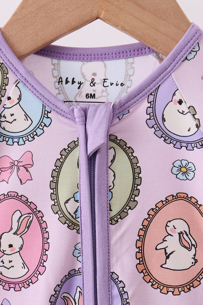Purple bunny print bamboo zipper romper