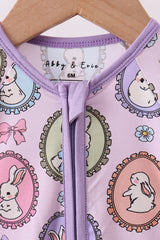 Purple bunny print bamboo zipper romper