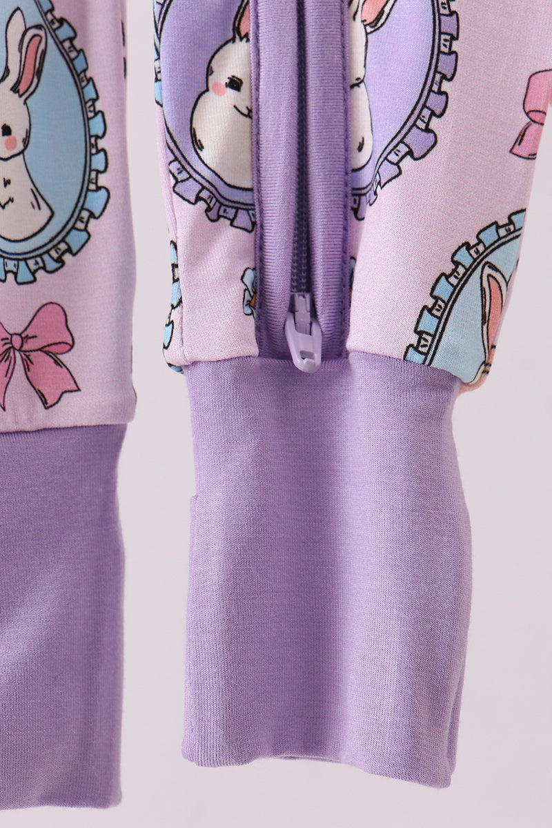 Purple bunny print bamboo zipper romper