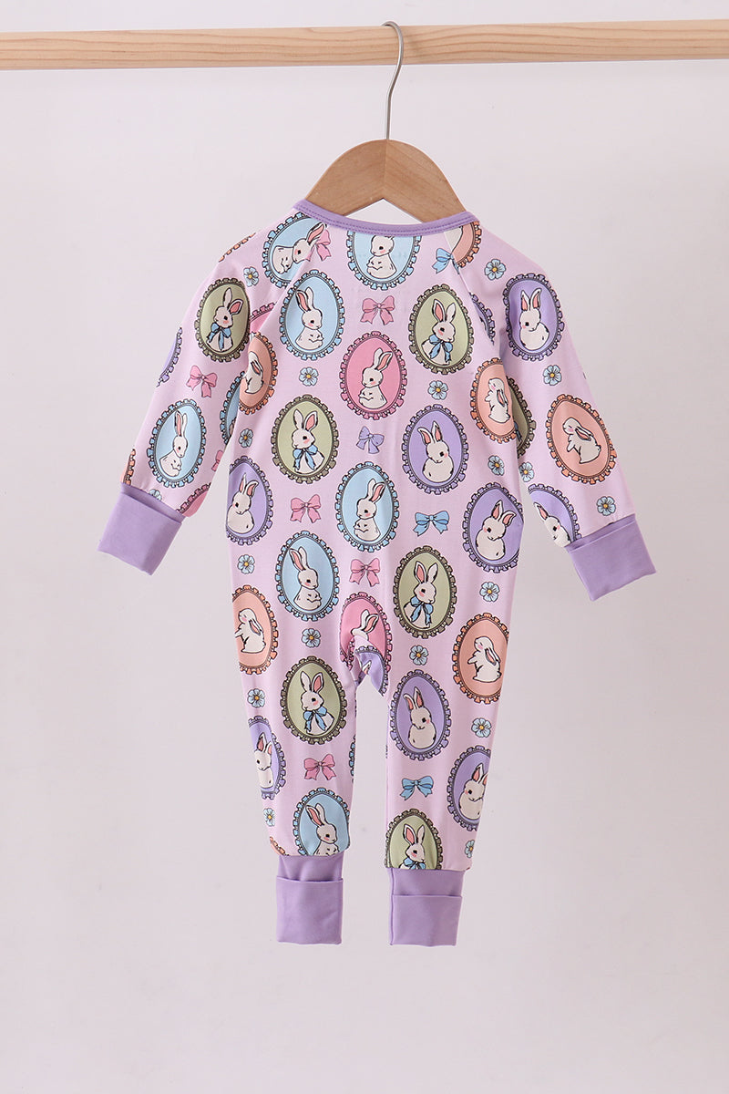 Purple bunny print bamboo zipper romper