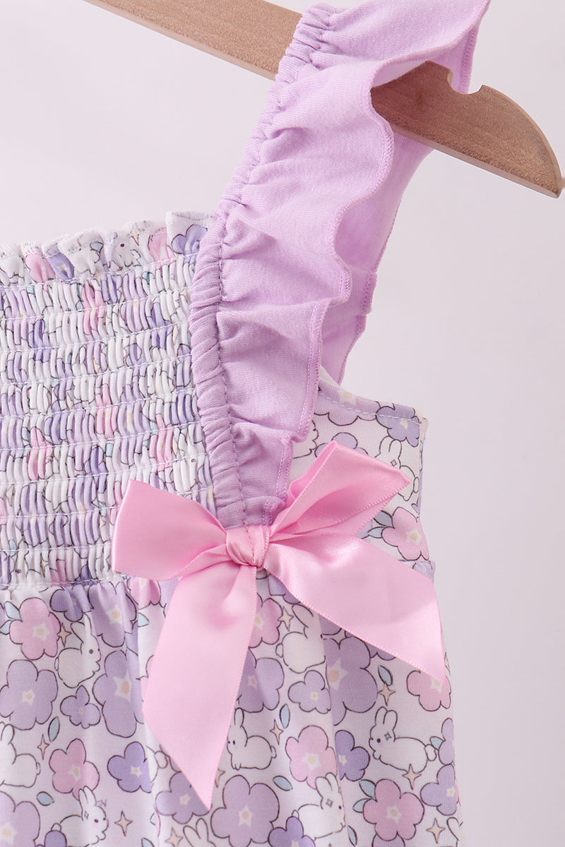 Purple floral smocked ruffle bubble