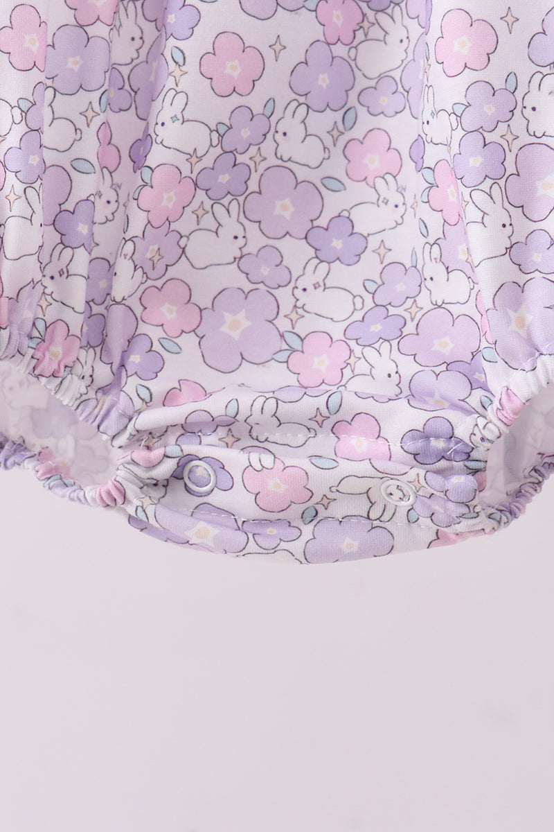 Purple floral smocked ruffle bubble