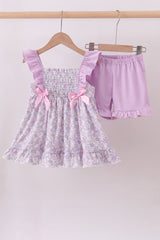 Purple floral smocked ruffle shorts set