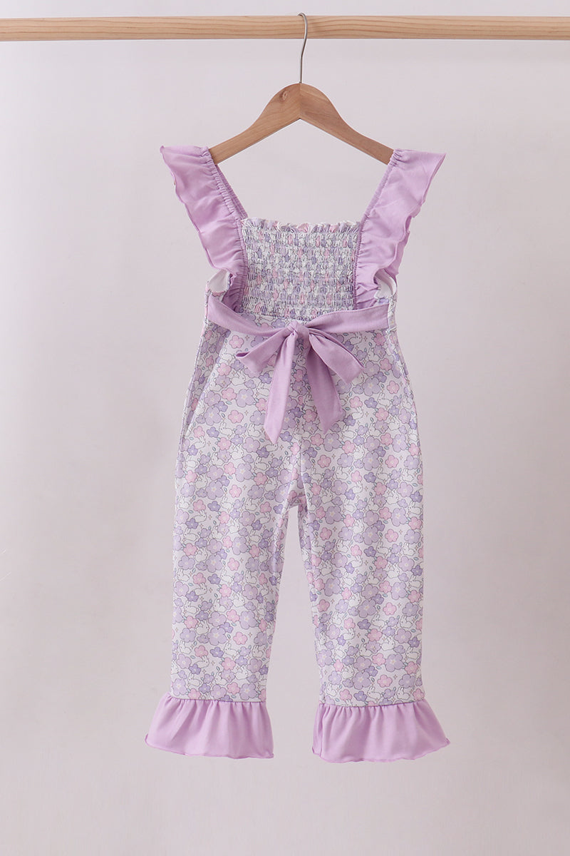 Purple floral smocked ruffle jumpsuit