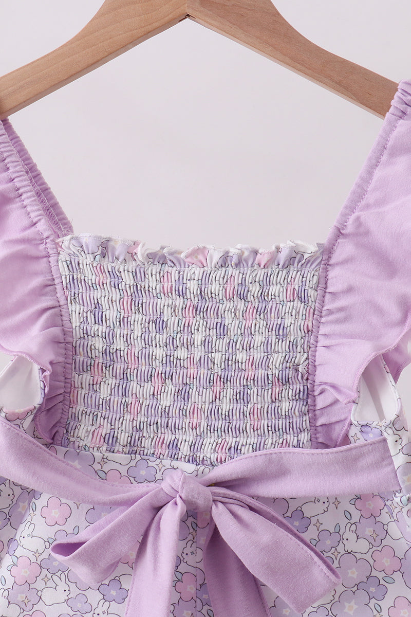 Purple floral smocked ruffle jumpsuit