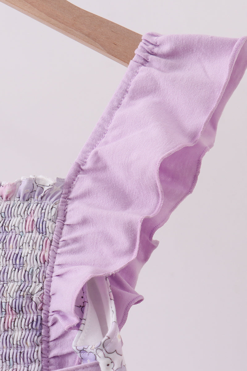 Purple floral smocked ruffle jumpsuit