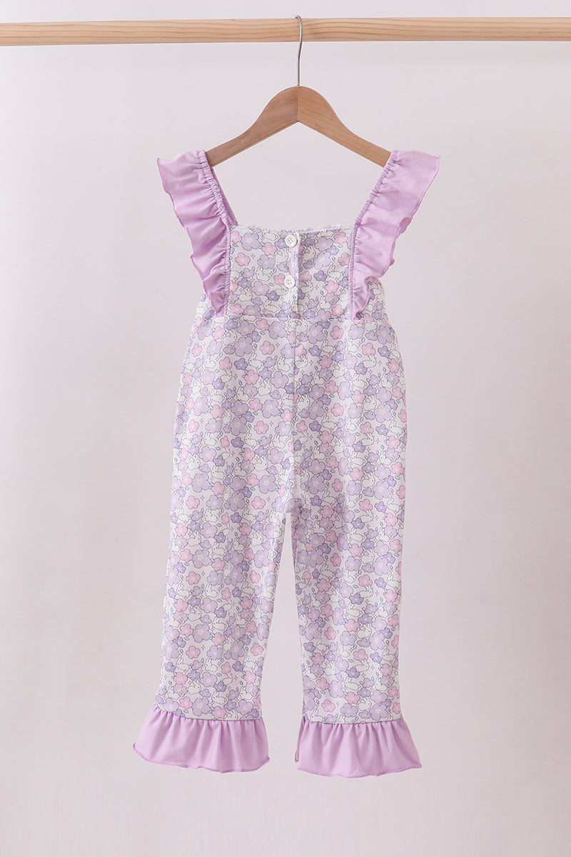 Purple floral smocked ruffle jumpsuit