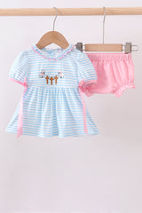 Blue cross embroidery ruffle stripe bloomer set