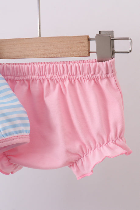 Blue cross embroidery ruffle stripe bloomer set