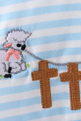 Blue cross embroidery ruffle stripe bloomer set