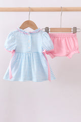 Blue cross embroidery ruffle stripe bloomer set