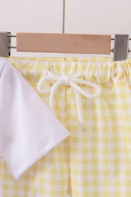 White zoo embroidery gingham shorts set