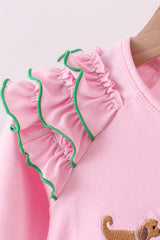 Pink puppy clover embroidery ruffle top
