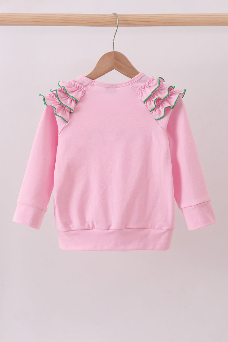 Pink puppy clover embroidery ruffle top