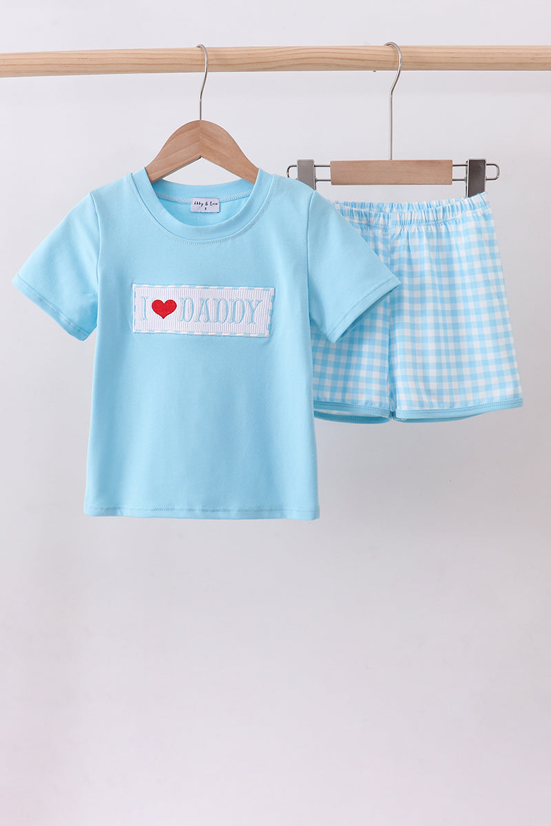 Blue I love DADDY smocked shorts set