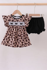 Leopard butterfly smocked ruffle bloomer set