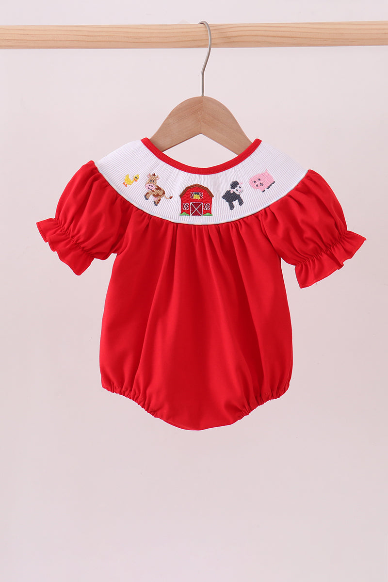 Red farm smocked ruffle bubble