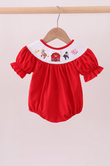 Red farm smocked ruffle bubble