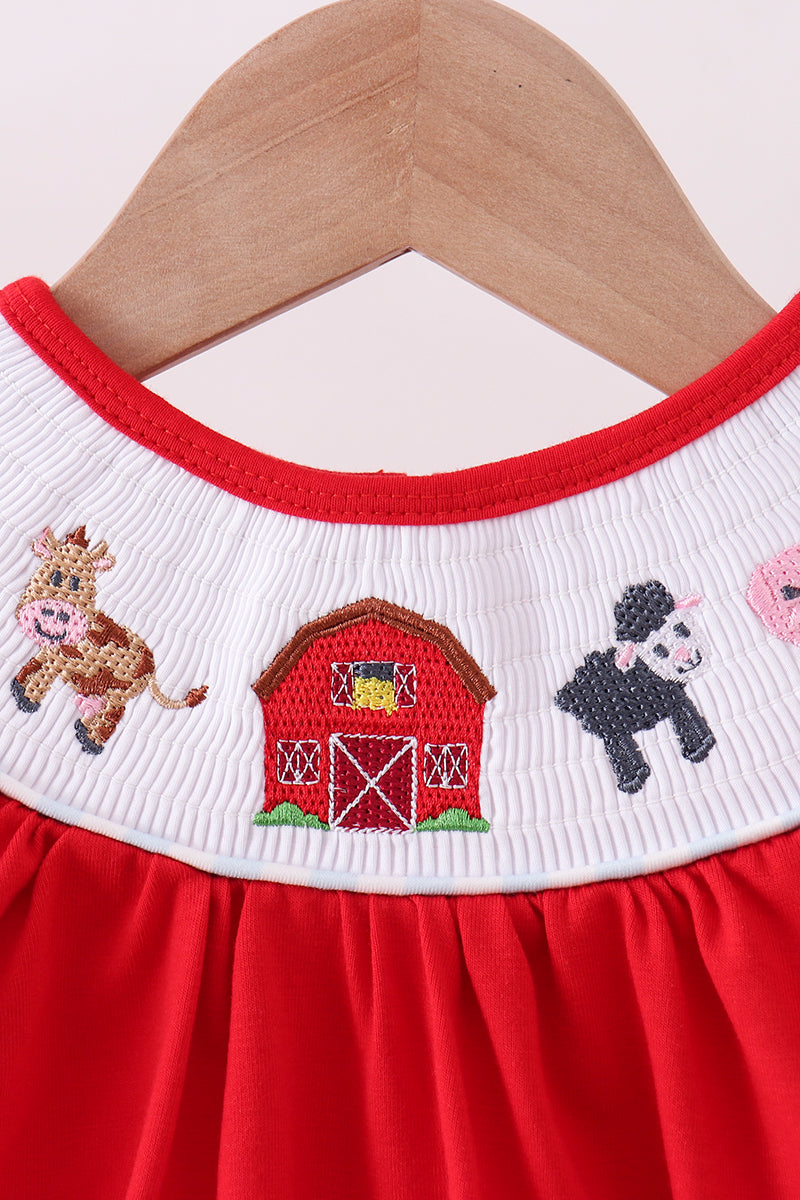 Red farm smocked ruffle bubble