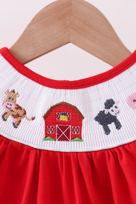 Red farm smocked ruffle bubble