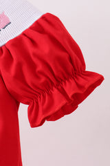 Red farm smocked ruffle bubble