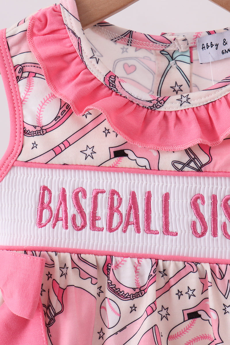 Pink baseball smocked ruffle bubble