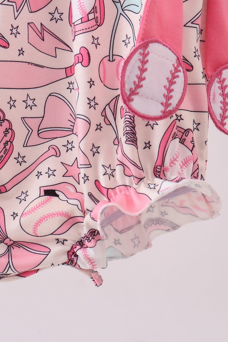 Pink baseball smocked ruffle bubble