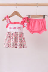 Pink baseball smocked ruffle bloomer set