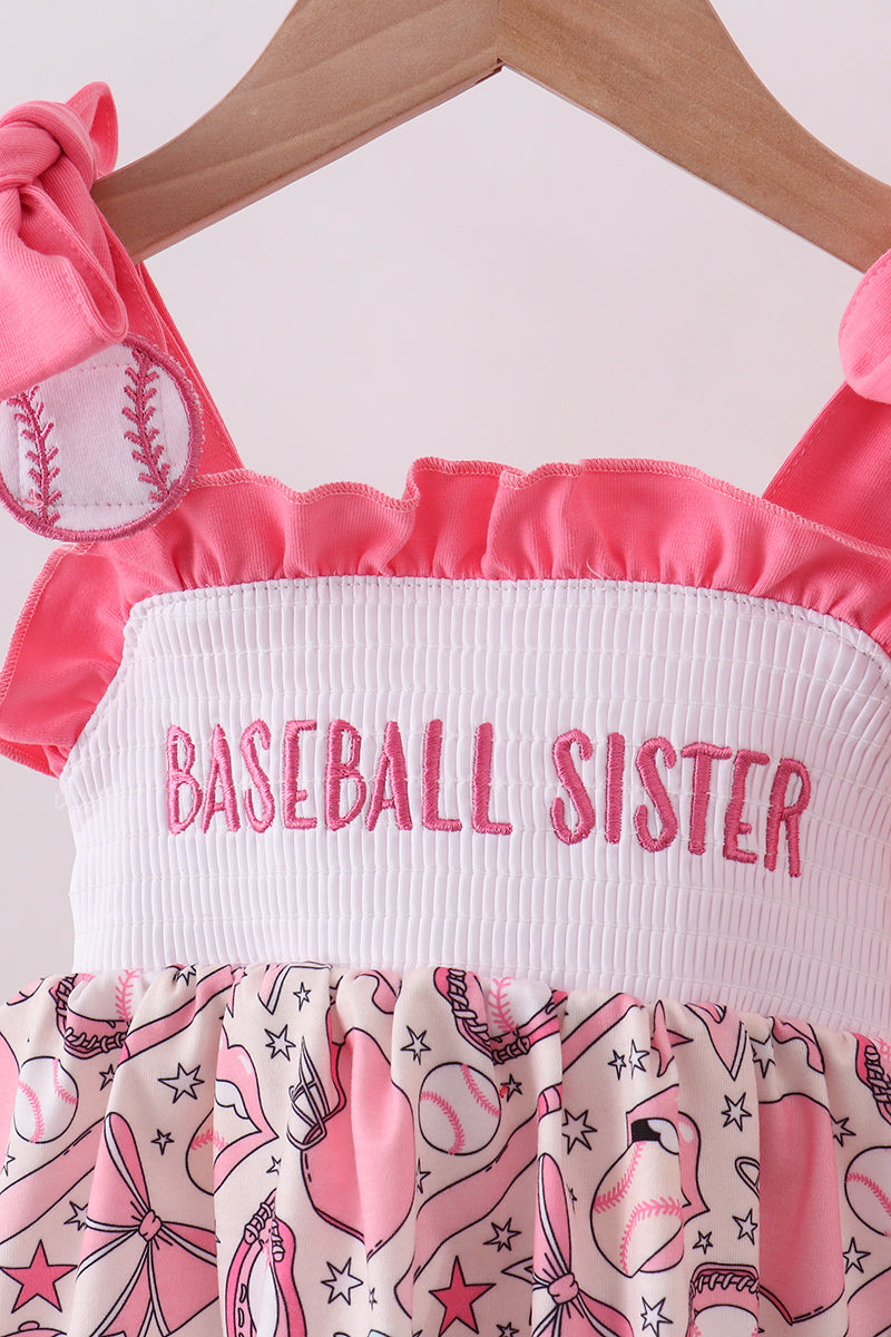 Pink baseball smocked ruffle bloomer set