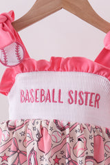 Pink baseball smocked ruffle bloomer set