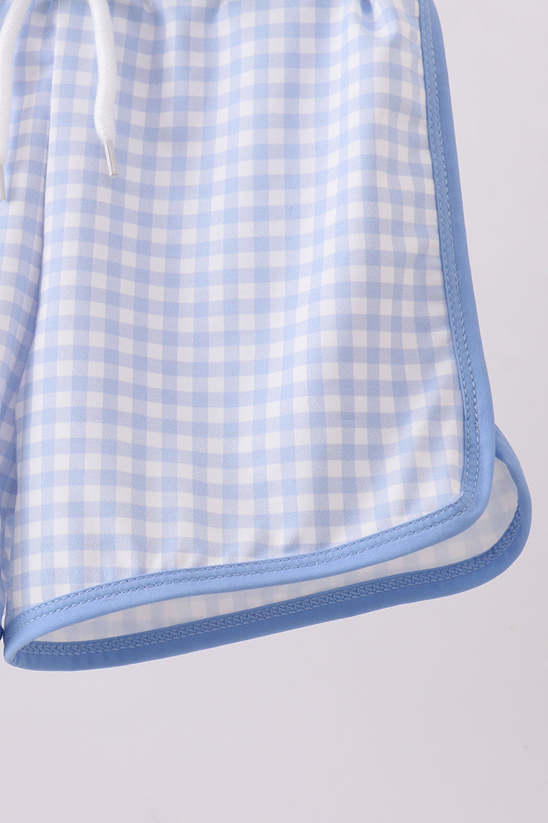 Blue gingham swim trunks
