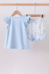 Blue Whale Applique Ruffle Shorts Set
