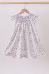Green Floral Smocked Dress