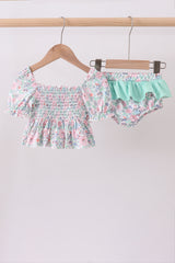 Green floral smocked ruffle 2pc swimsuit