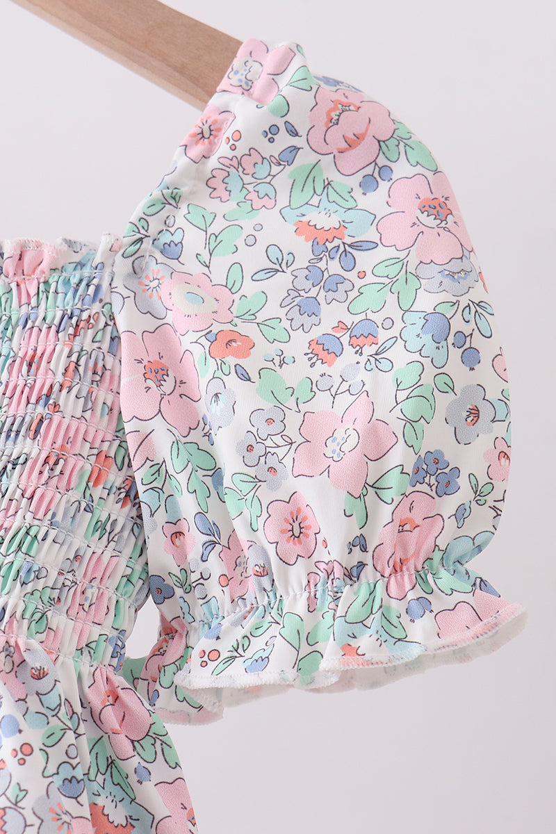 Green floral smocked ruffle 2pc swimsuit