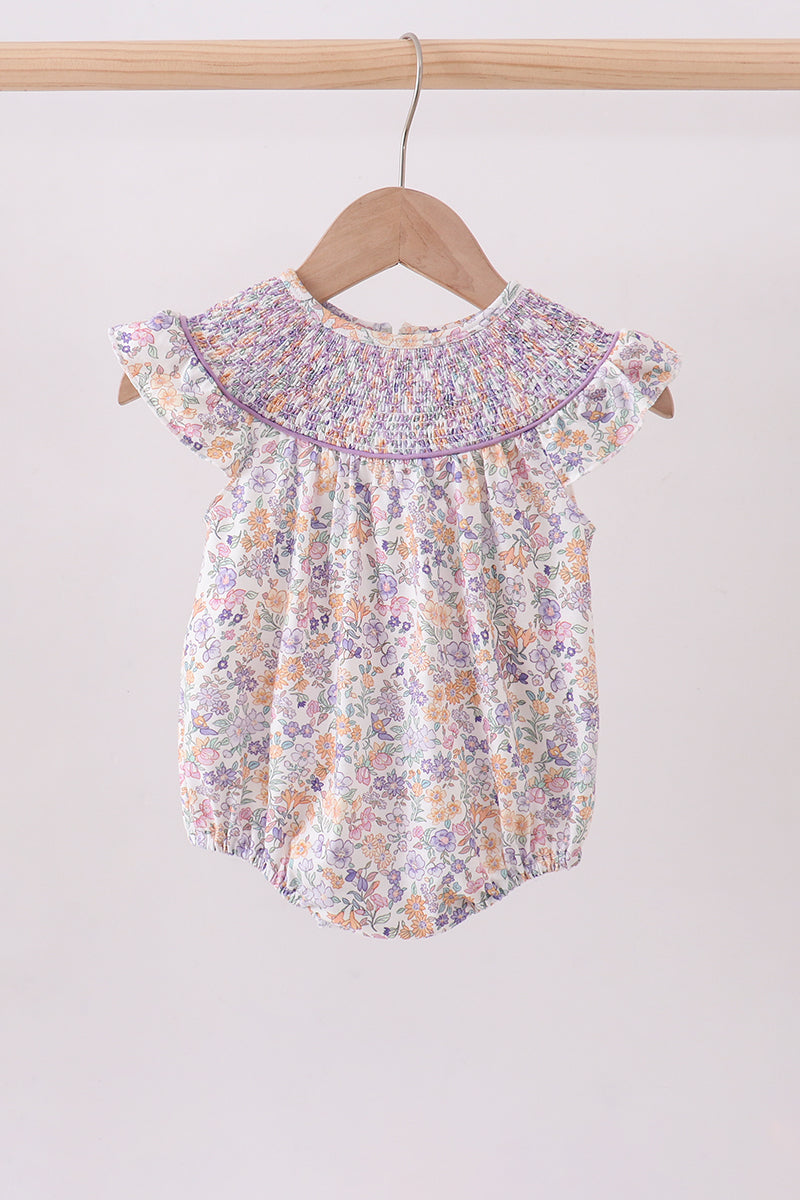 Purple floral smocked ruffle bubble