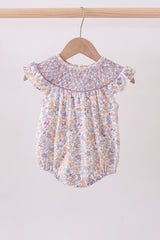 Purple floral smocked ruffle bubble