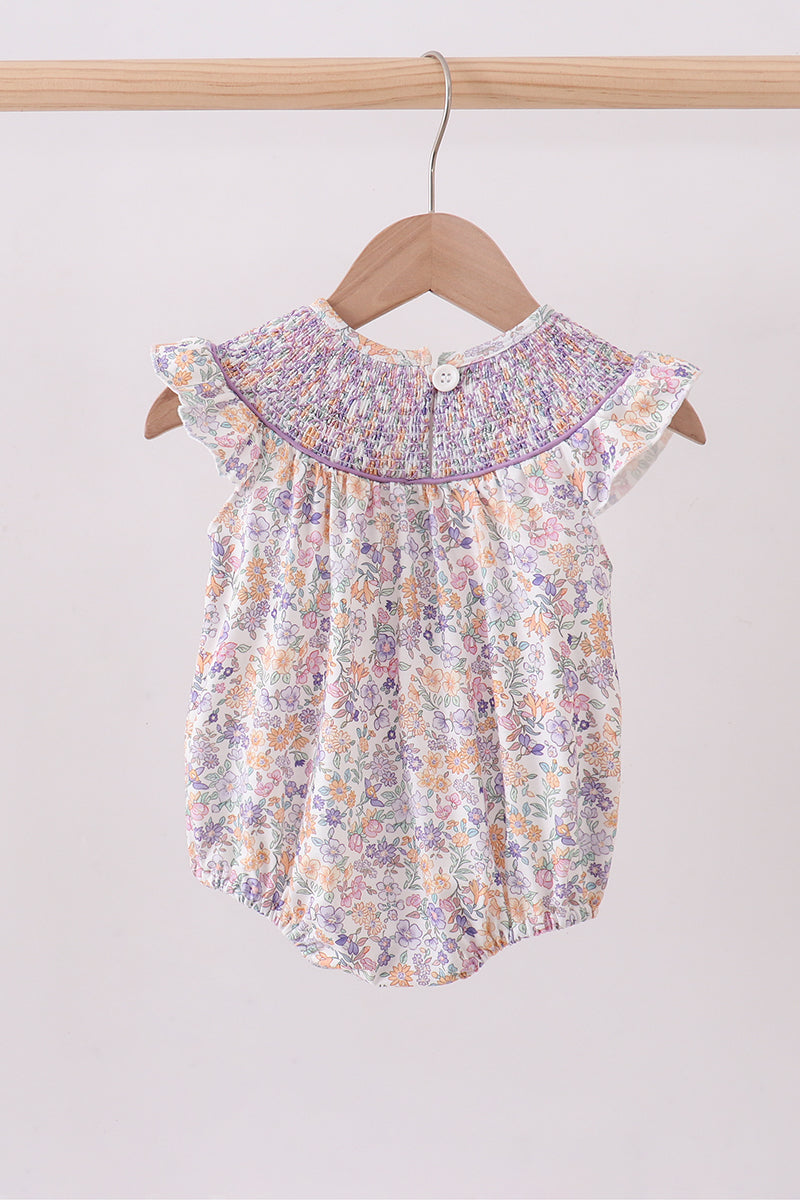 Purple floral smocked ruffle bubble